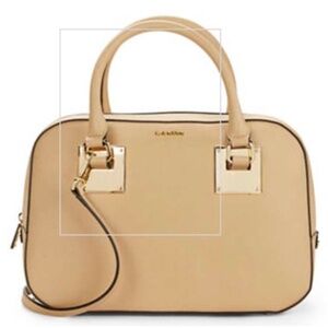SATCHEL, CALVIN KLEIN IN SAFFIANO LEATHER, CREAM, TWO HANDLES & SHOULDER STRAP,